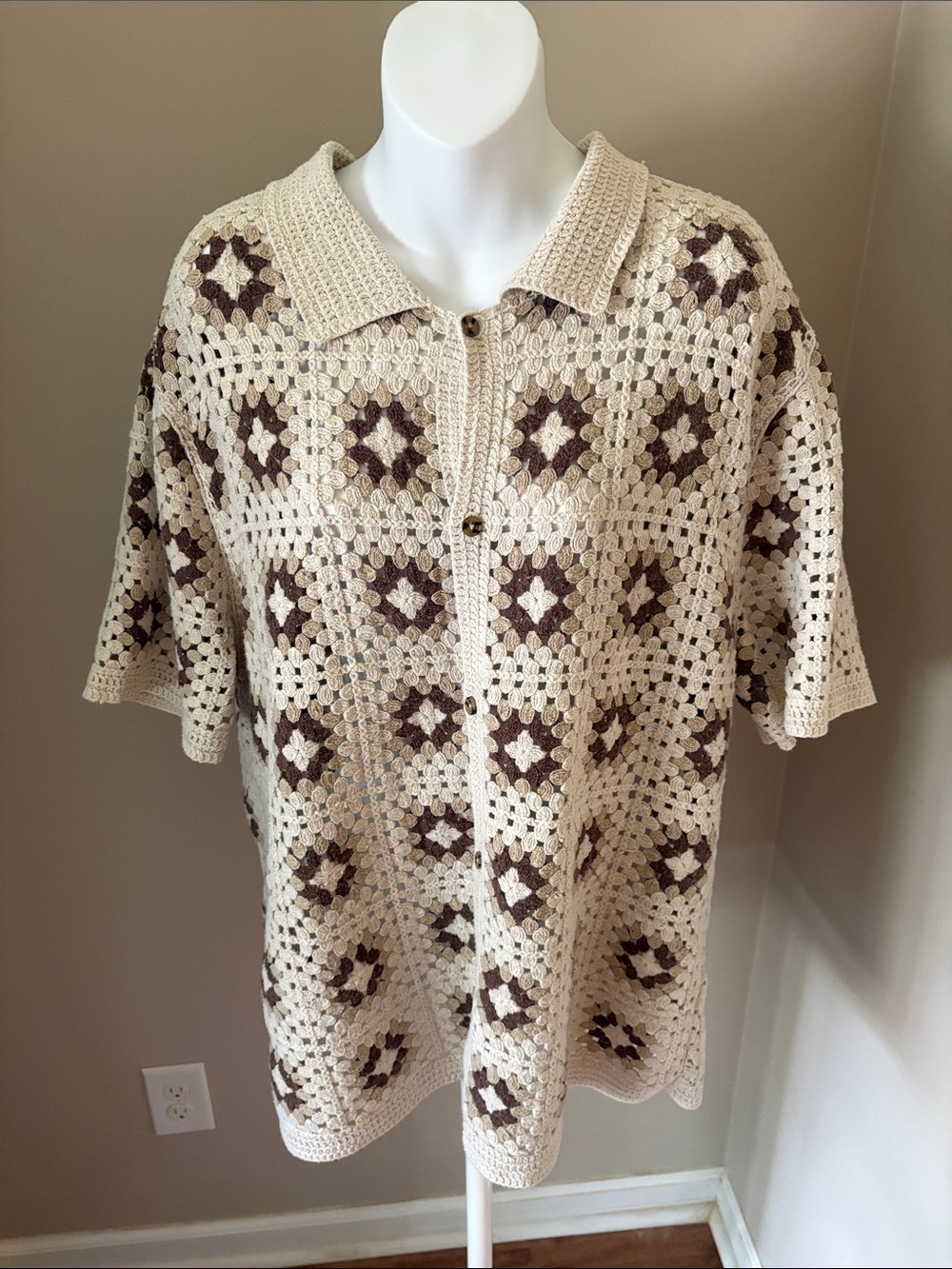Cotton On Cream and Brown Crochet Polo Shirt
